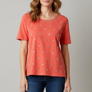 Embellished Silver Flower Stud Short Sleeve Round Neck Peach T-shirt XL